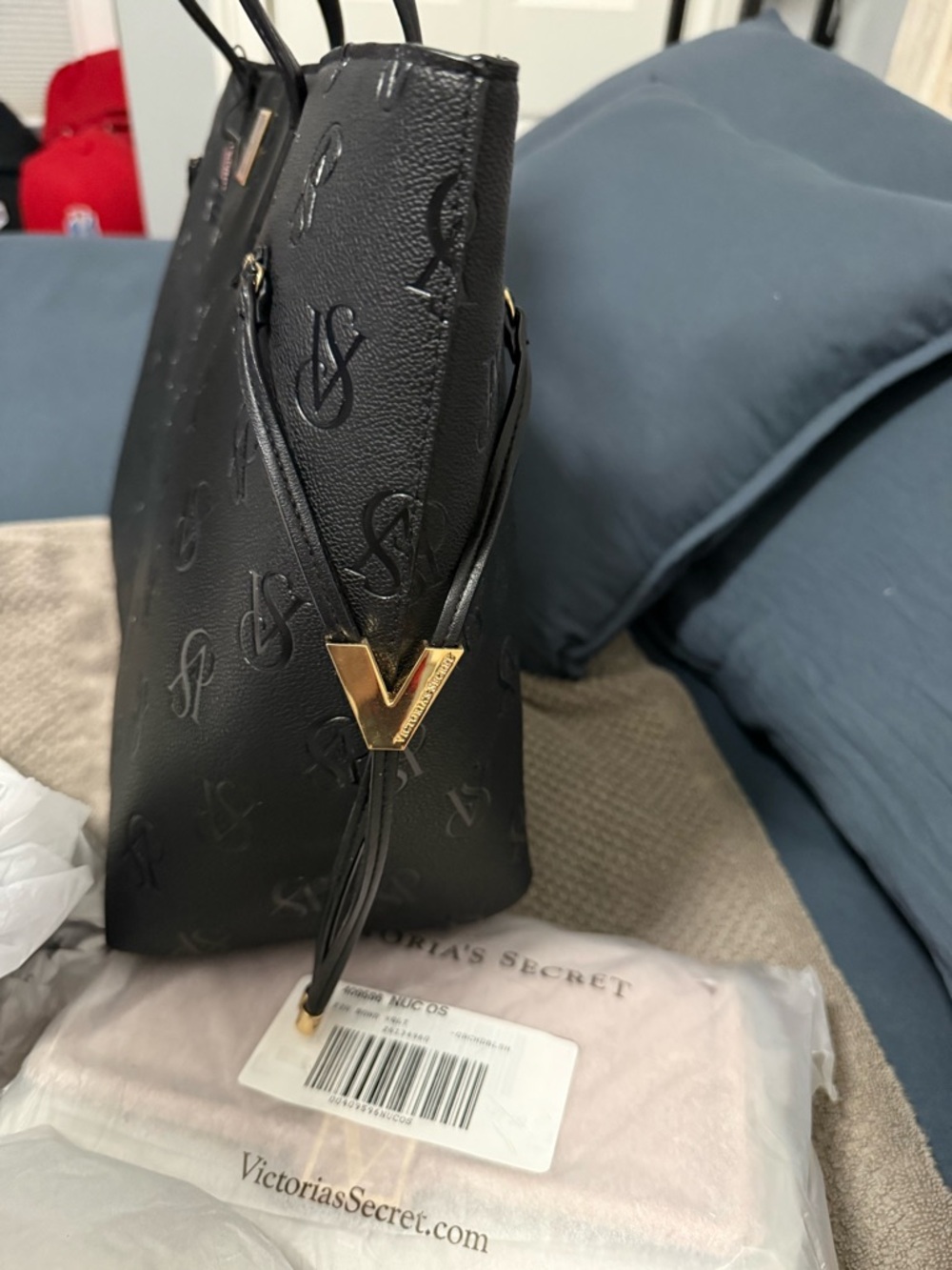 Victoria's Secret Black Embossed Logo Tote with Gold Accents - Picture 2 of 3